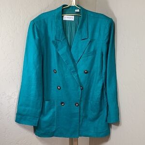 Liz Claiborne Vintage 100% Linen Blue Double-Breasted Blazer Jacket Size 12